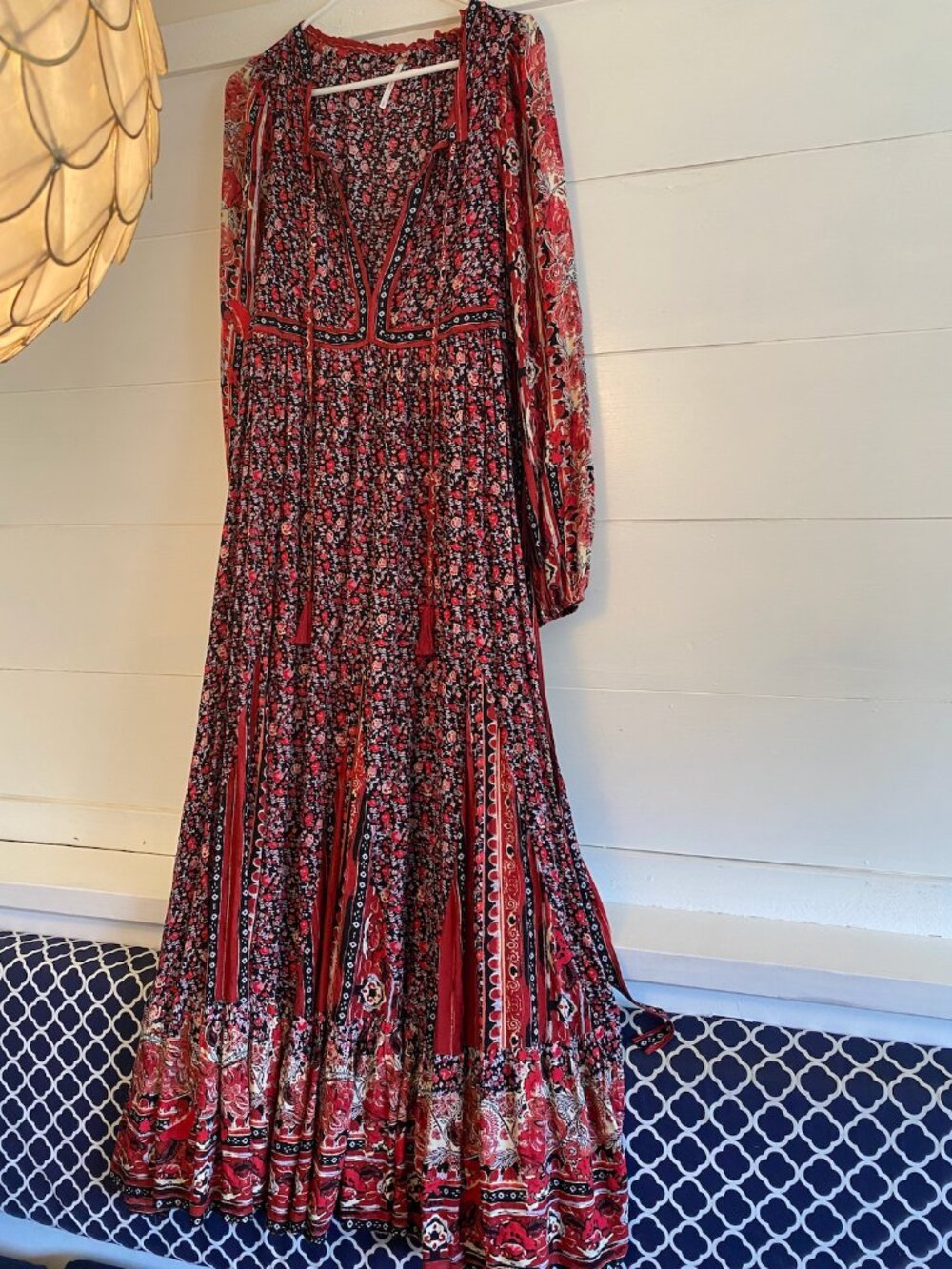 Free People Boho Floral Maxi Dress | Deep V-Neck Tassel | Size Small - Picture 3 of 6